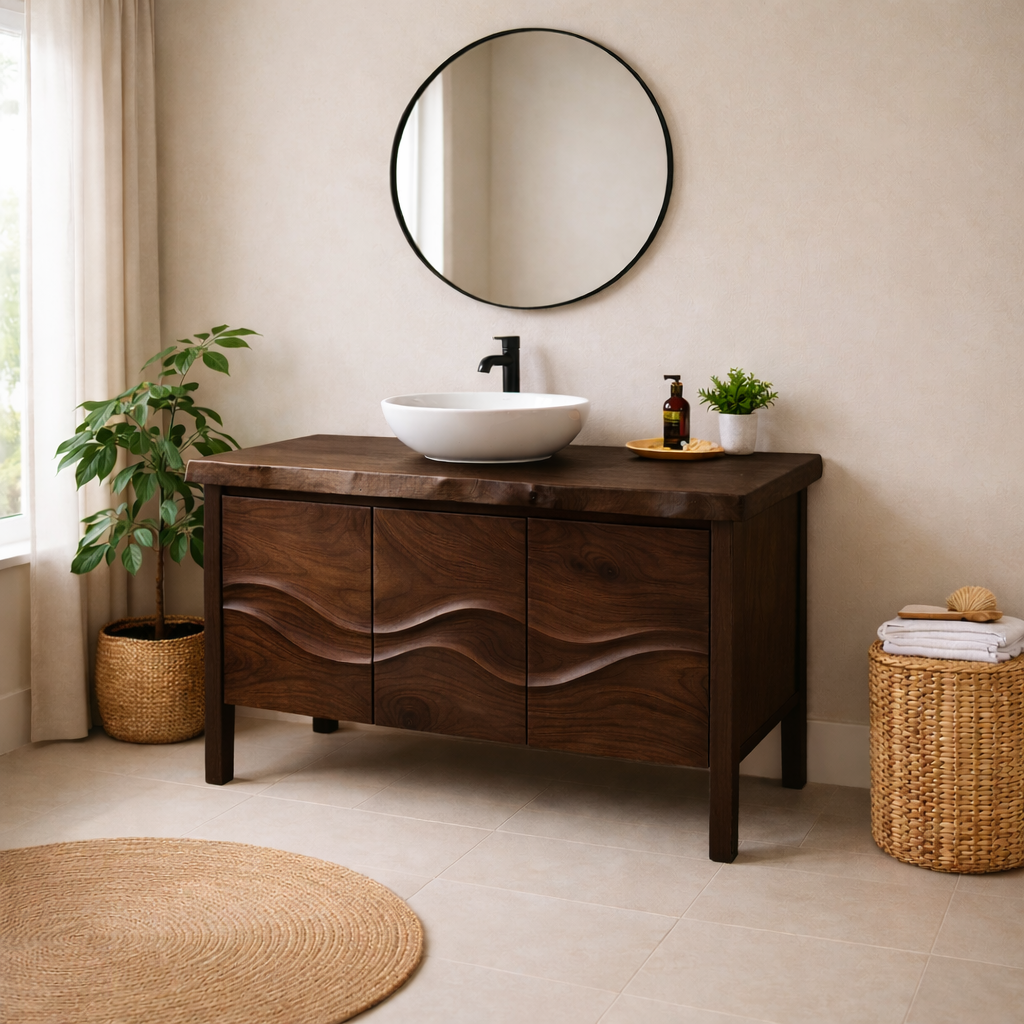 Solid Wood Bathroom Vanity with Sculpted Wave Front & Live Edge Top