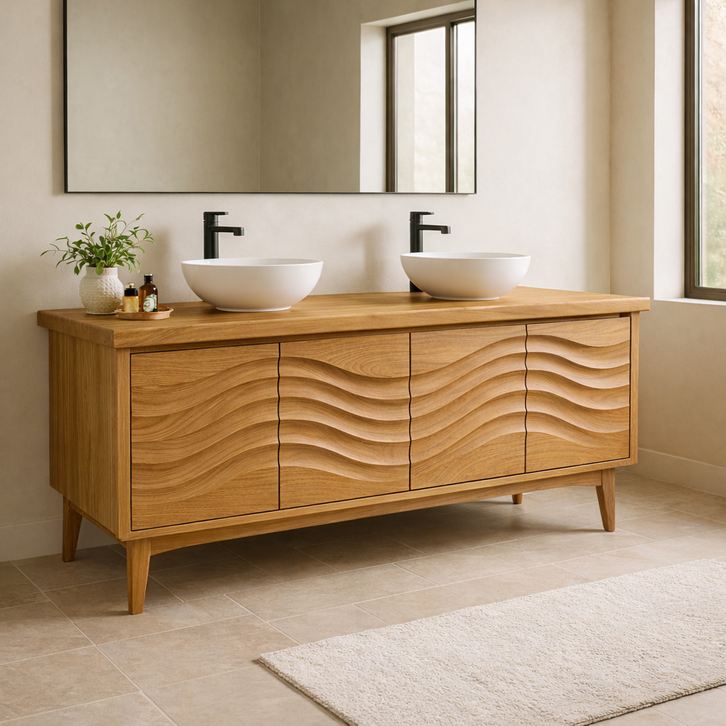 Solid Wood Double Sink Bathroom Vanity with Sculpted Wave Front