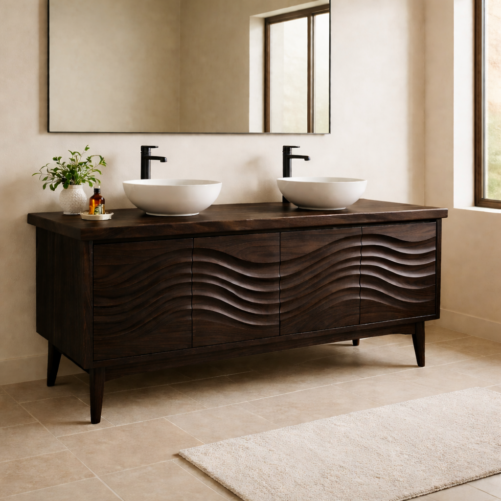 Solid Wood Double Sink Bathroom Vanity with Sculpted Wave Front