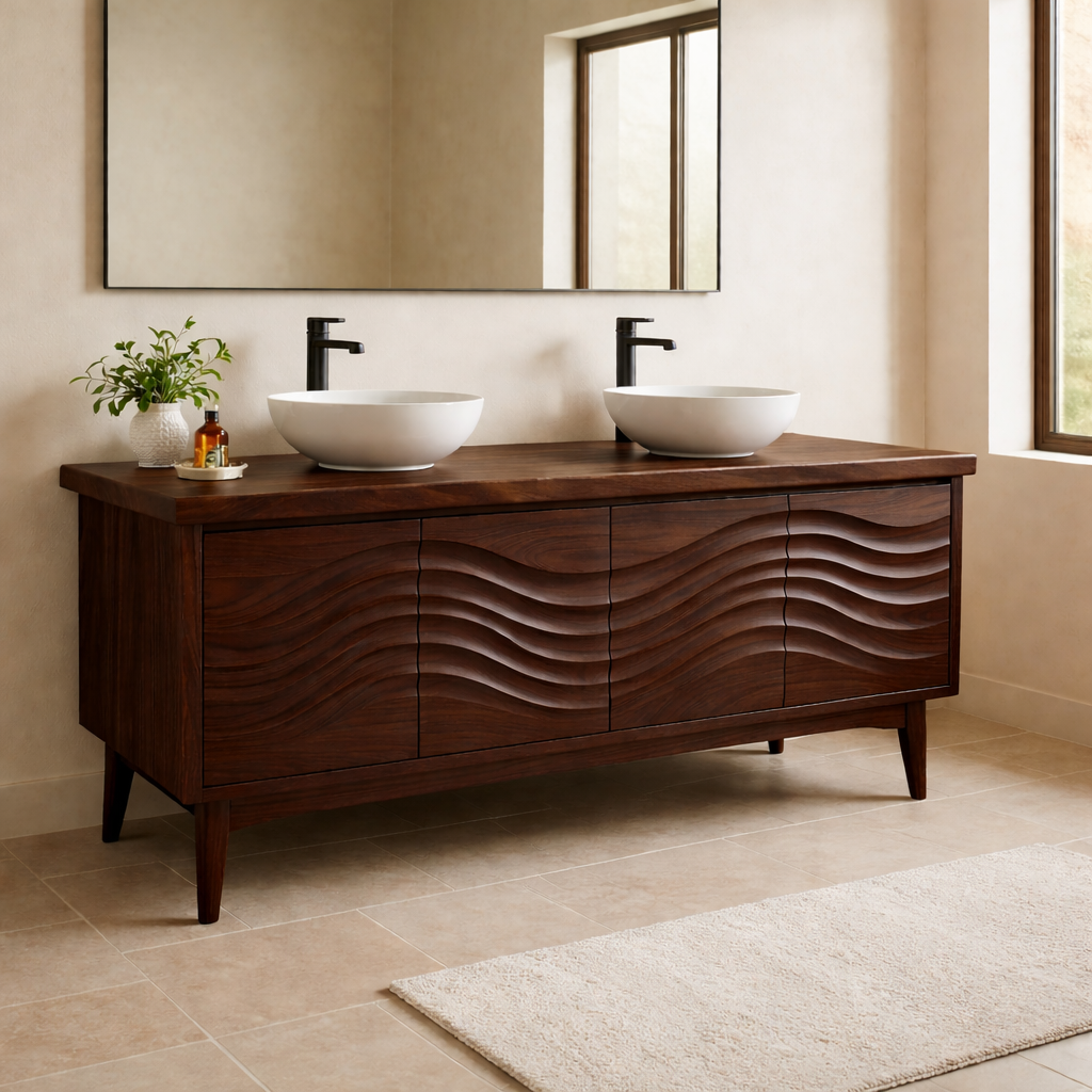 Solid Wood Double Sink Bathroom Vanity with Sculpted Wave Front