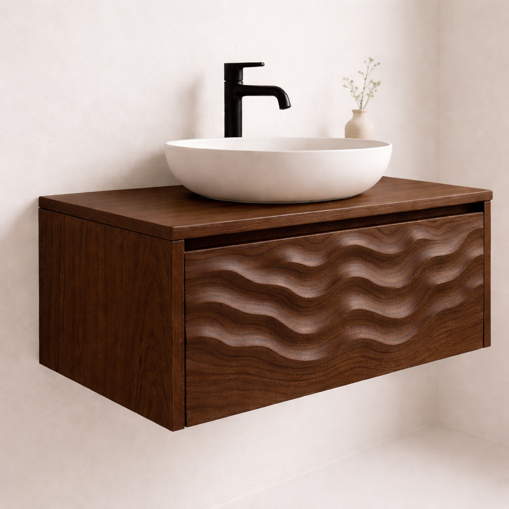 Floating Solid Wood Bathroom Vanity with Sculpted Wave Front