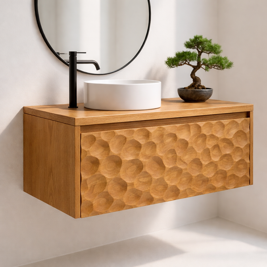 Solid Wood Floating Bathroom Vanity with Hand-Carved Front – Modern Wall Mounted Vanity