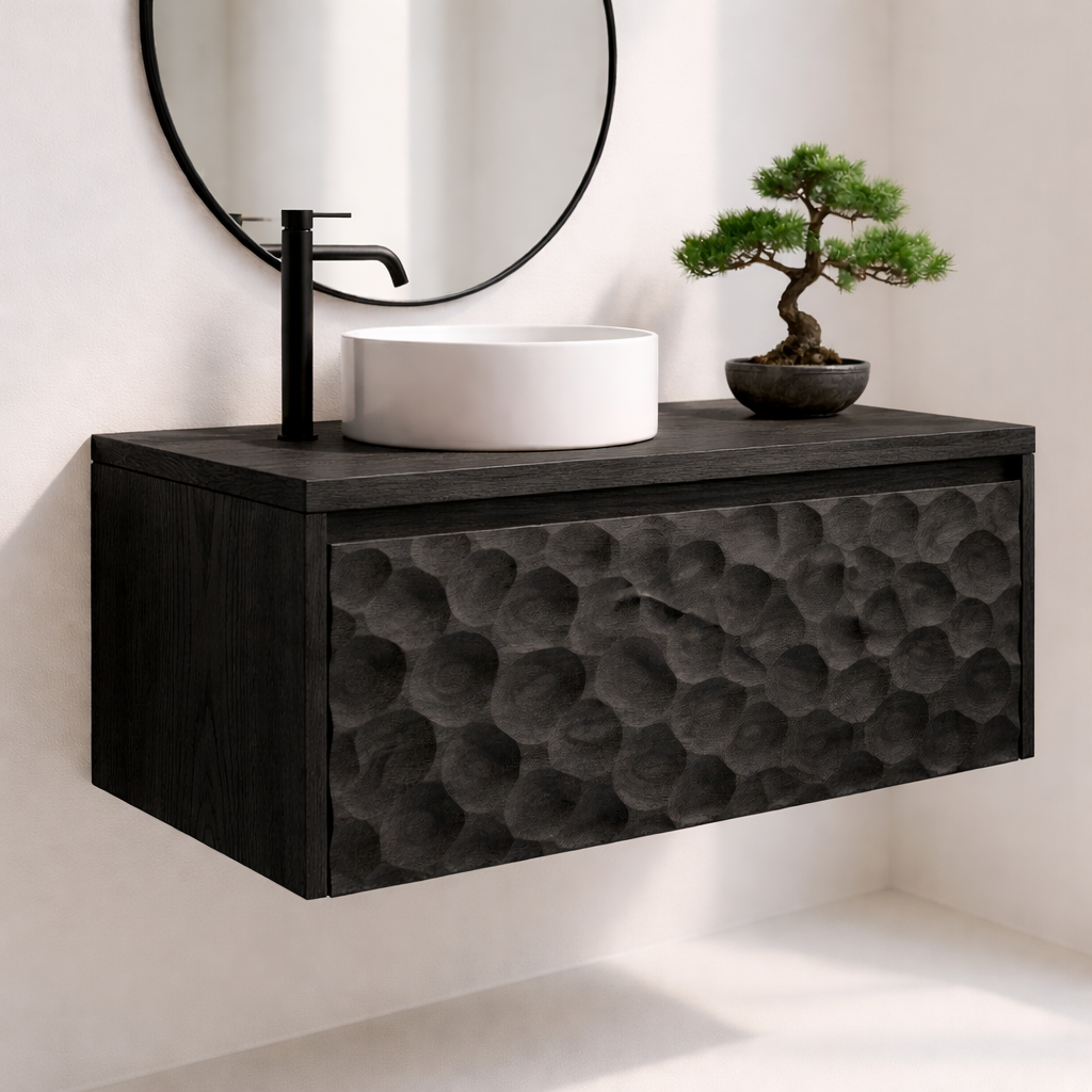 Solid Wood Floating Bathroom Vanity with Hand-Carved Front – Modern Wall Mounted Vanity