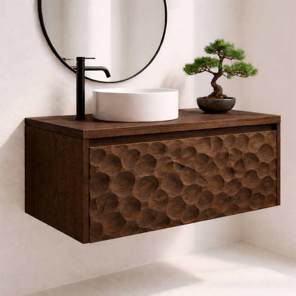 Solid Wood Floating Bathroom Vanity with Hand-Carved Front – Modern Wall Mounted Vanity