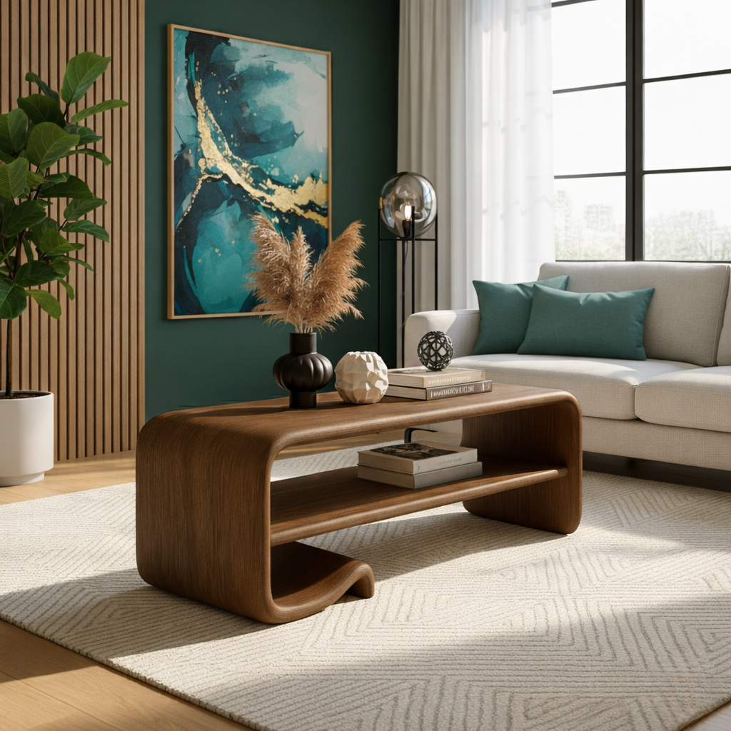 Solid Wood Coffee Table with Shelf – Modern Curved Wooden Coffee Table for Living Room
