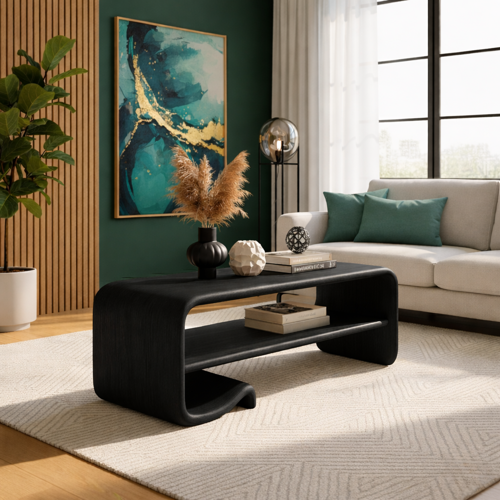 Solid Wood Coffee Table with Shelf – Modern Curved Wooden Coffee Table for Living Room