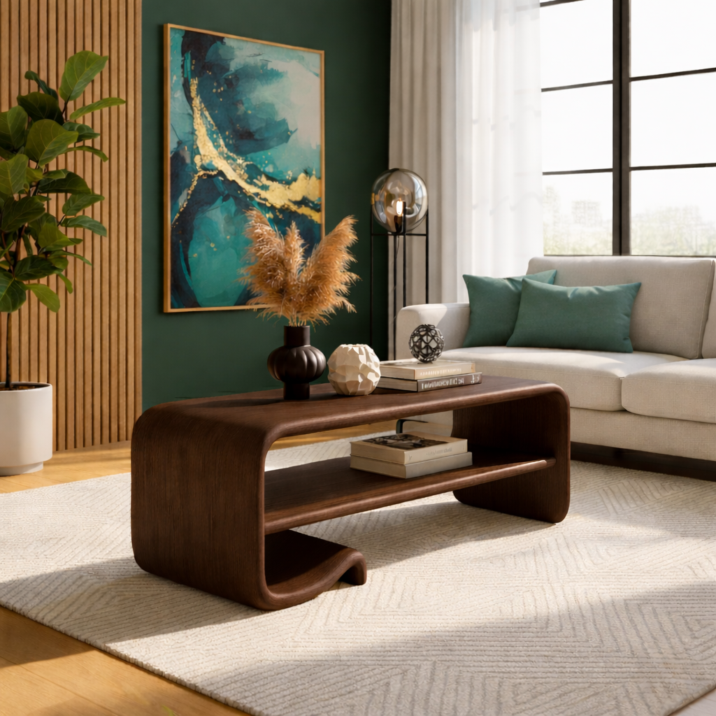 Solid Wood Coffee Table with Shelf – Modern Curved Wooden Coffee Table for Living Room