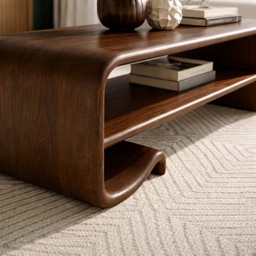 Solid Wood Coffee Table with Shelf – Modern Curved Wooden Coffee Table for Living Room