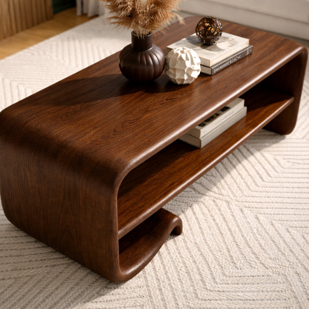Solid Wood Coffee Table with Shelf – Modern Curved Wooden Coffee Table for Living Room