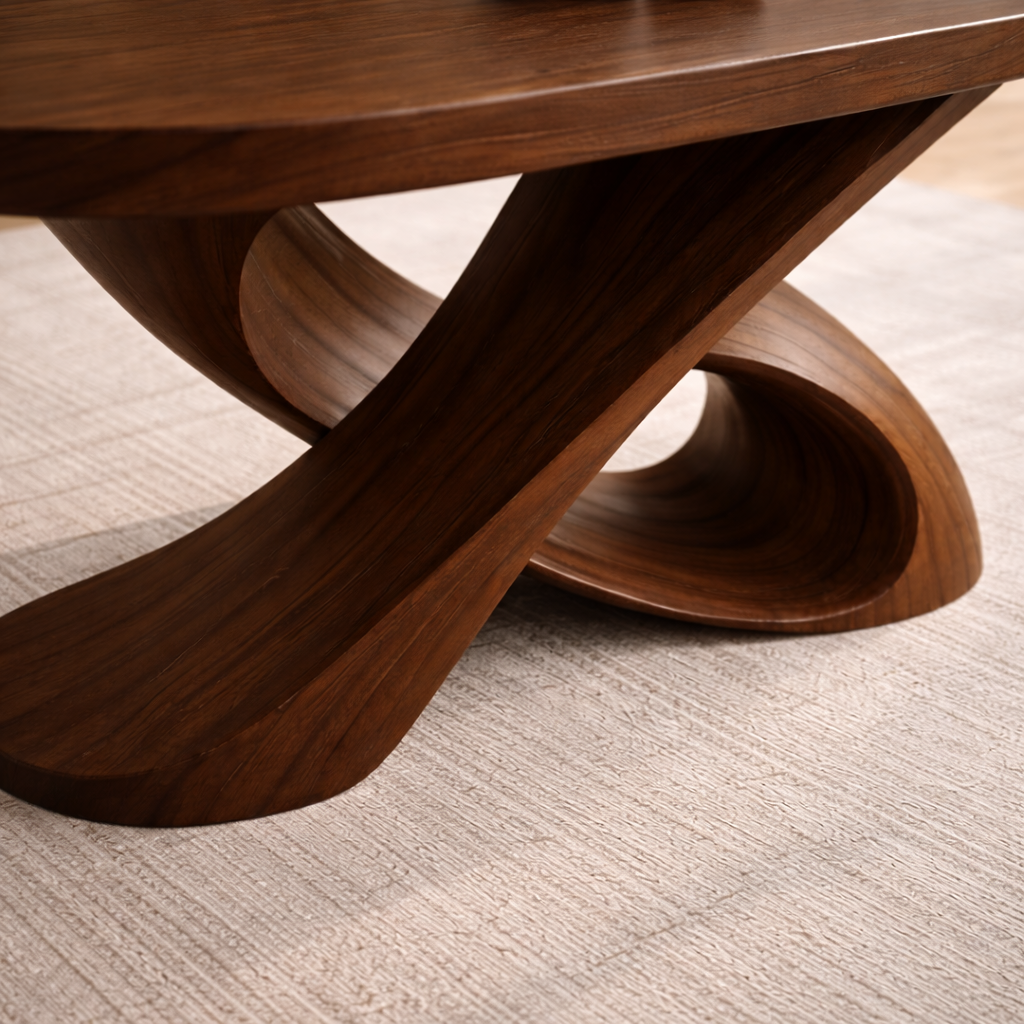 Modern Solid Wood Coffee Table with Sculptural Curved Base – Handmade Living Room Table
