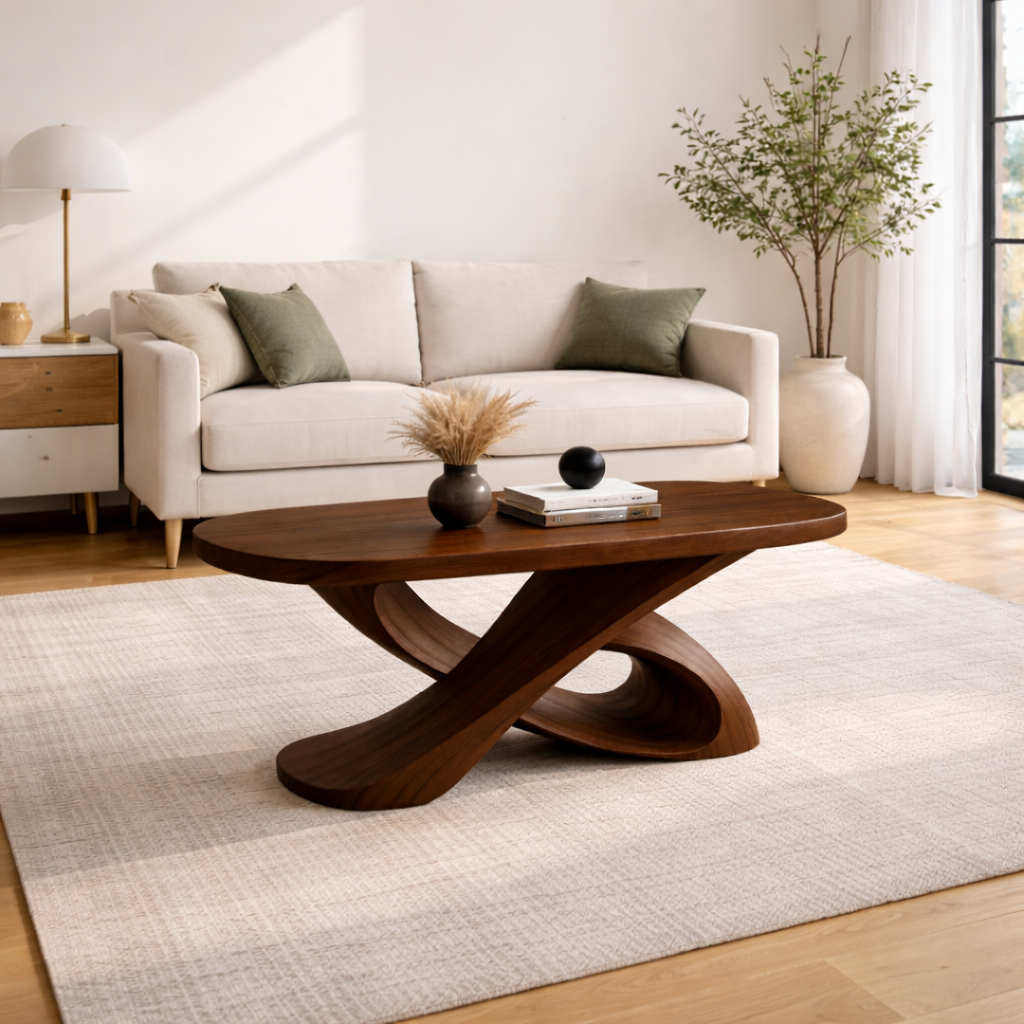 Modern Solid Wood Coffee Table with Sculptural Curved Base – Handmade Living Room Table
