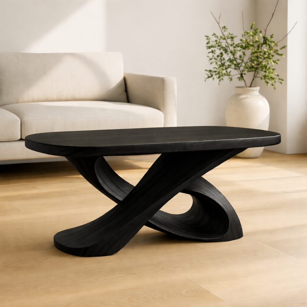 Modern Solid Wood Coffee Table with Sculptural Curved Base – Handmade Living Room Table
