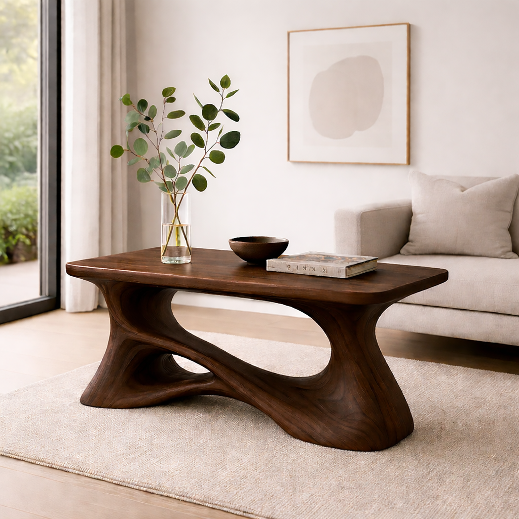 Solid Wood Sculptural Coffee Table with Organic Curved Base – Modern Rustic Coffee Table