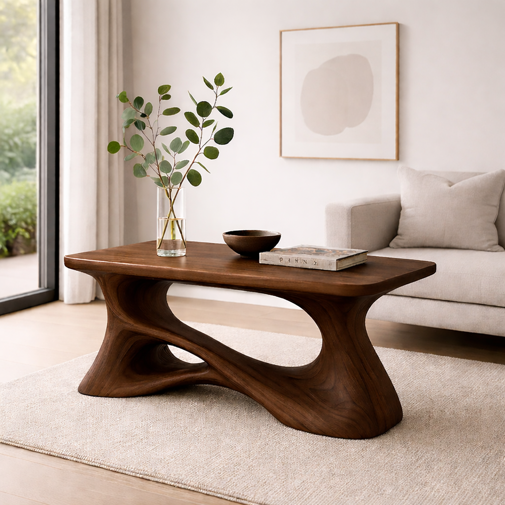 Solid Wood Sculptural Coffee Table with Organic Curved Base – Modern Rustic Coffee Table
