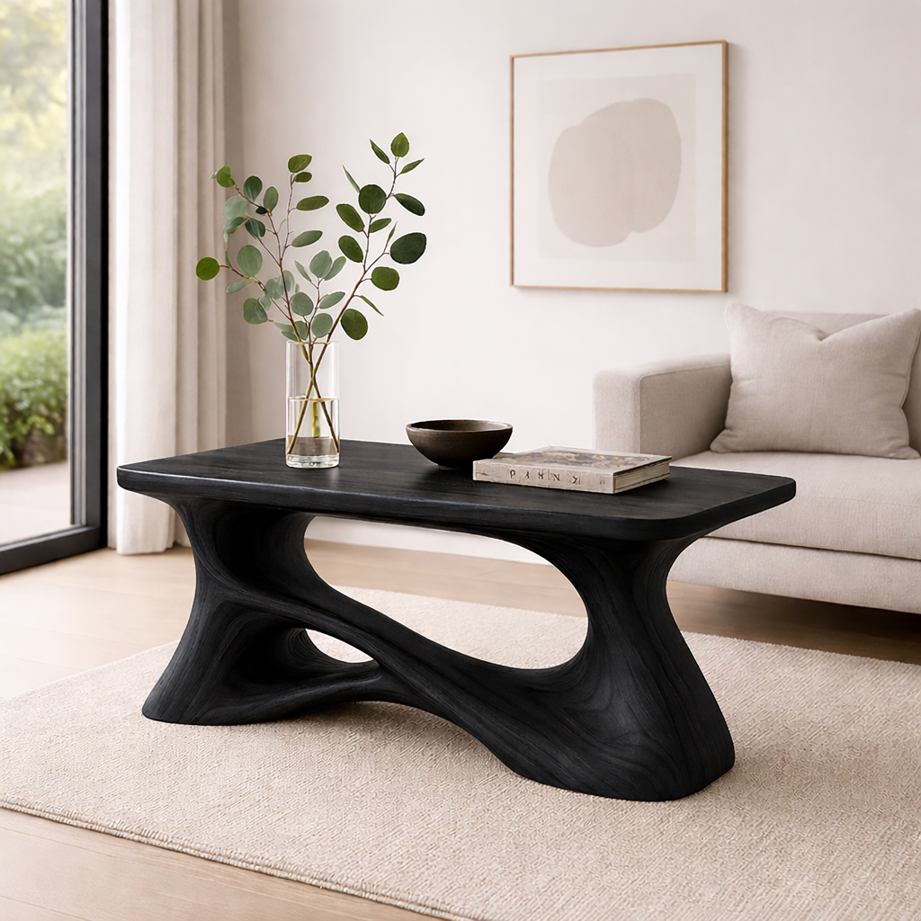 Solid Wood Sculptural Coffee Table with Organic Curved Base – Modern Rustic Coffee Table