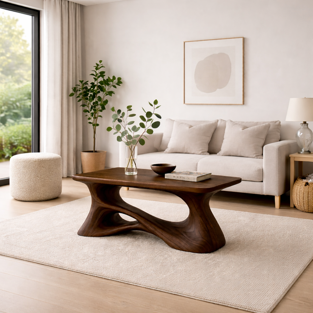 Solid Wood Sculptural Coffee Table with Organic Curved Base – Modern Rustic Coffee Table