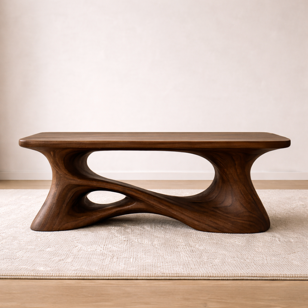 Solid Wood Sculptural Coffee Table with Organic Curved Base – Modern Rustic Coffee Table