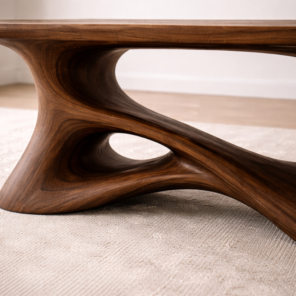 Solid Wood Sculptural Coffee Table with Organic Curved Base – Modern Rustic Coffee Table