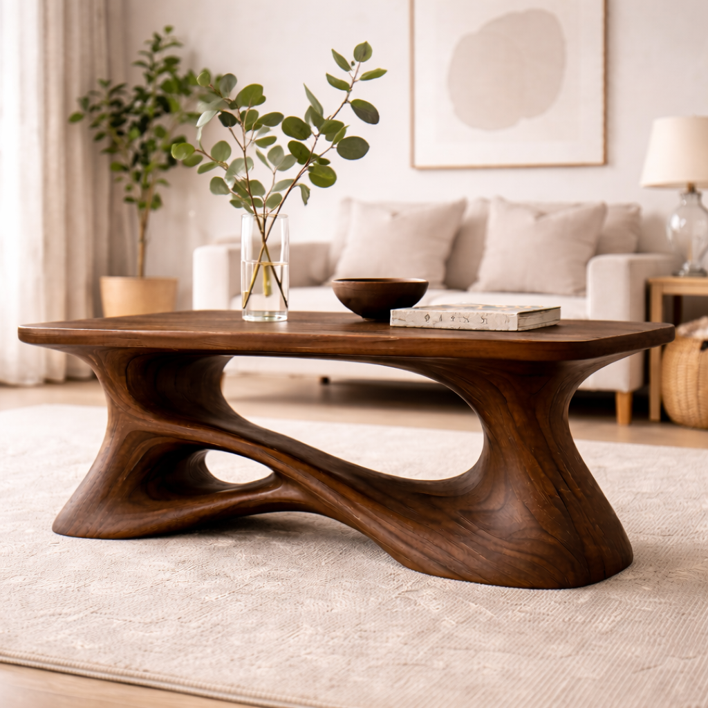 Solid Wood Sculptural Coffee Table with Organic Curved Base – Modern Rustic Coffee Table
