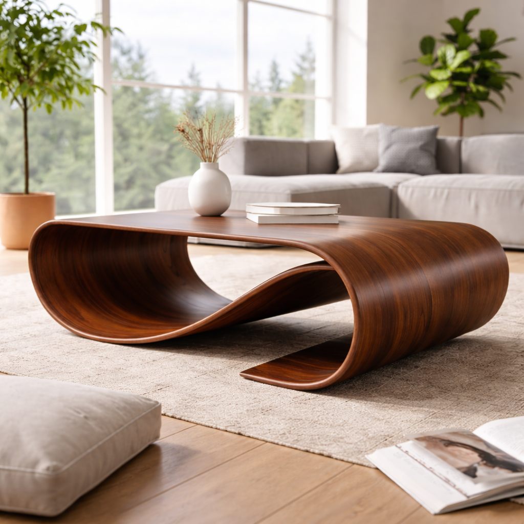 Solid Wood Sculptural Coffee Table with Curved Loop Base – Modern Organic Coffee Table