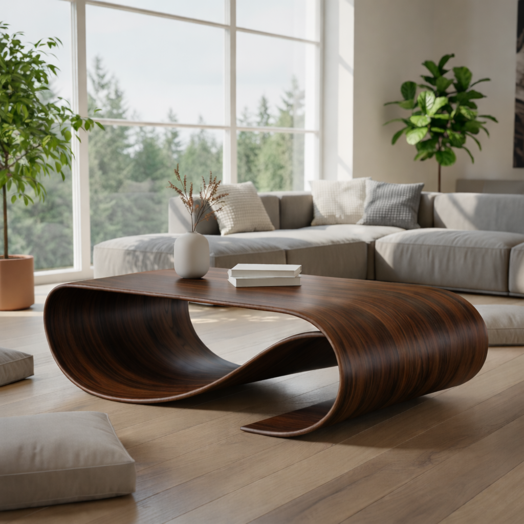 Solid Wood Sculptural Coffee Table with Curved Loop Base – Modern Organic Coffee Table