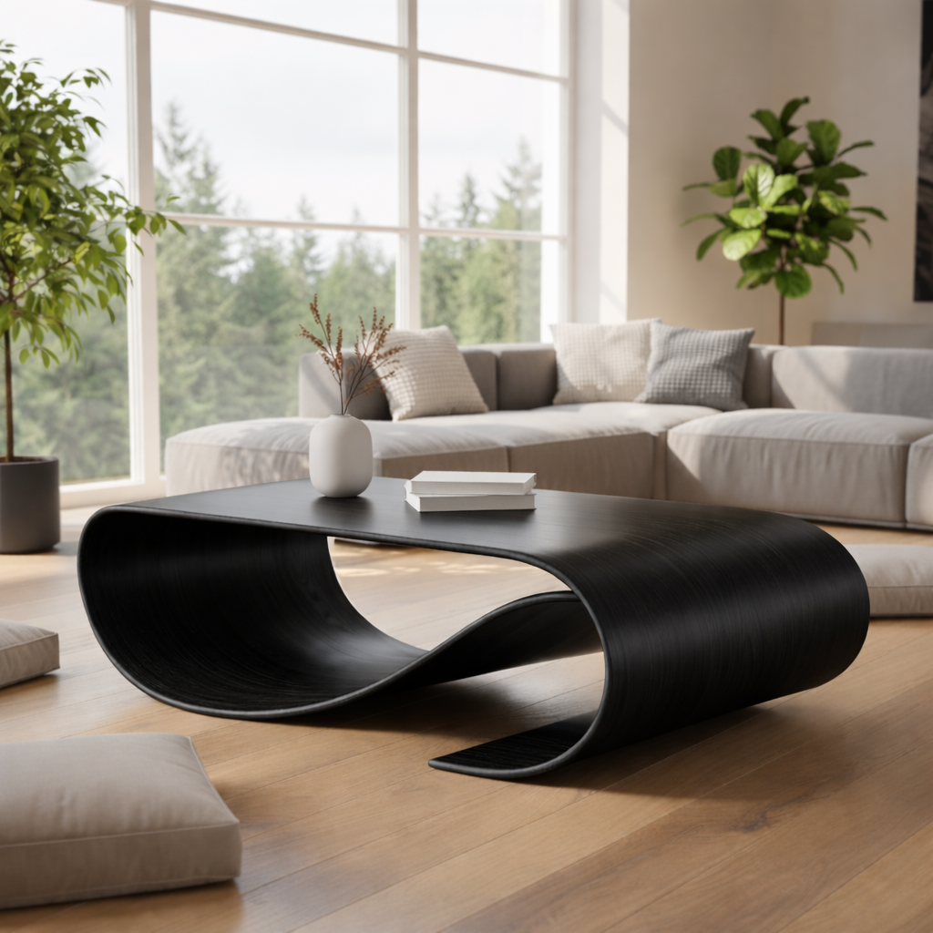 Solid Wood Sculptural Coffee Table with Curved Loop Base – Modern Organic Coffee Table