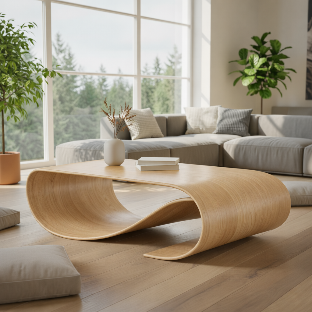 Solid Wood Sculptural Coffee Table with Curved Loop Base – Modern Organic Coffee Table