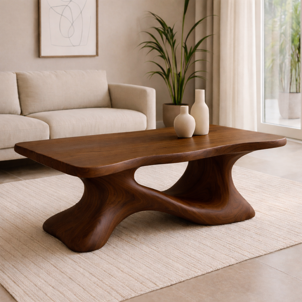 Solid Wood Sculptural Coffee Table with Organic Curved Base – Modern Living Room Table