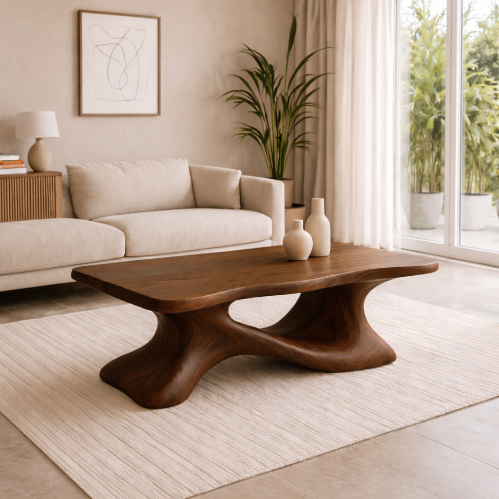Solid Wood Sculptural Coffee Table with Organic Curved Base – Modern Living Room Table