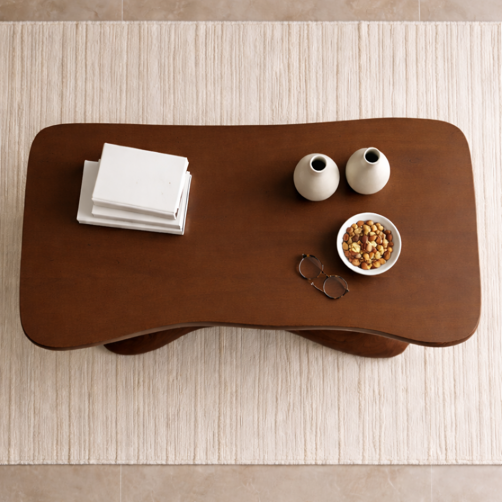 Solid Wood Sculptural Coffee Table with Organic Curved Base – Modern Living Room Table