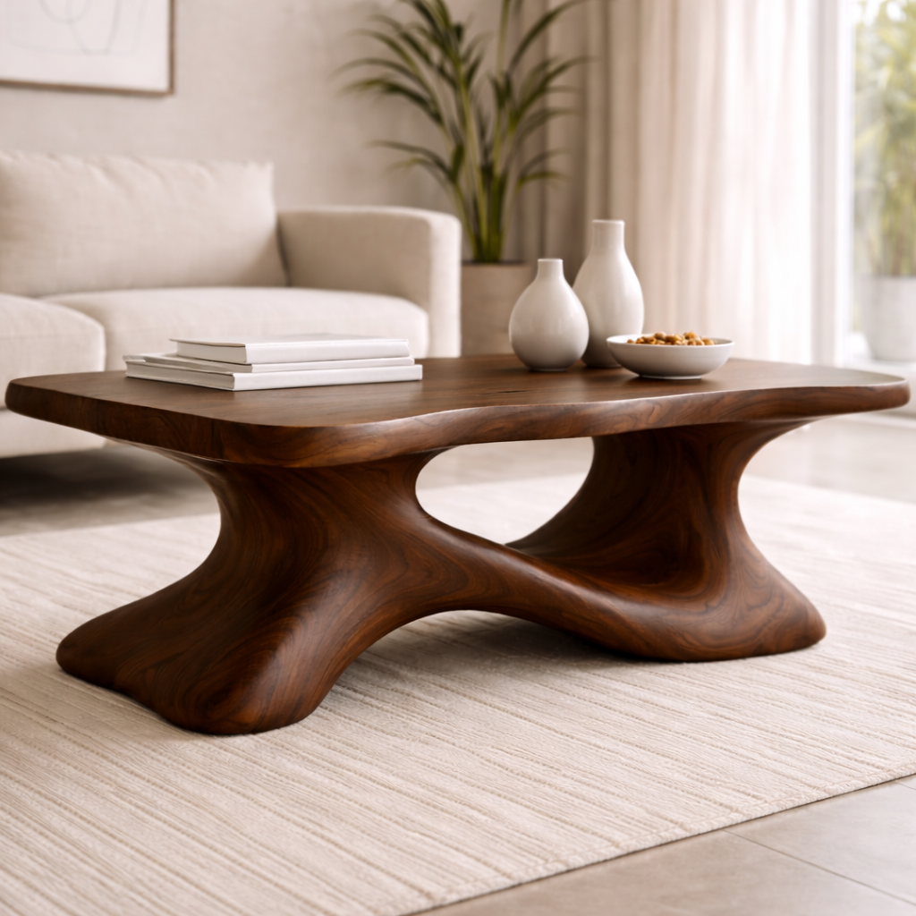 Solid Wood Sculptural Coffee Table with Organic Curved Base – Modern Living Room Table