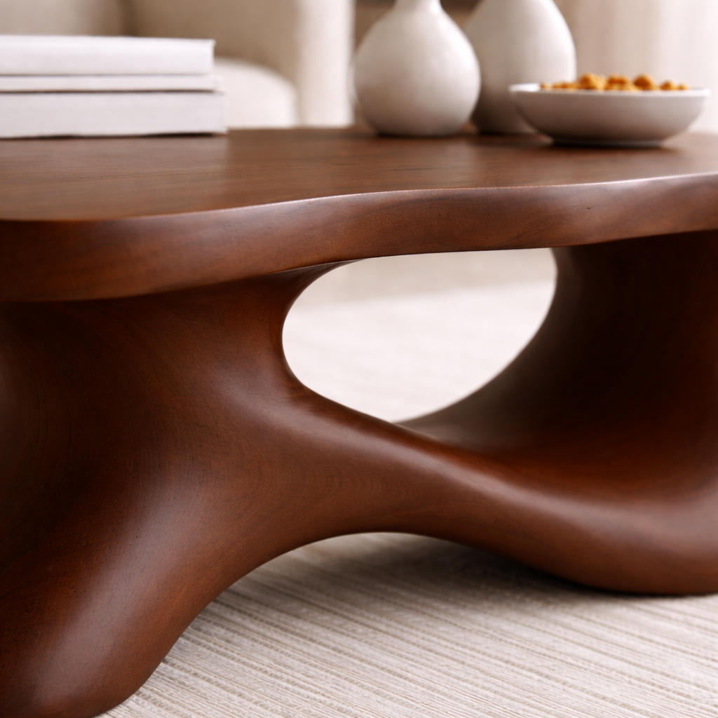 Solid Wood Sculptural Coffee Table with Organic Curved Base – Modern Living Room Table