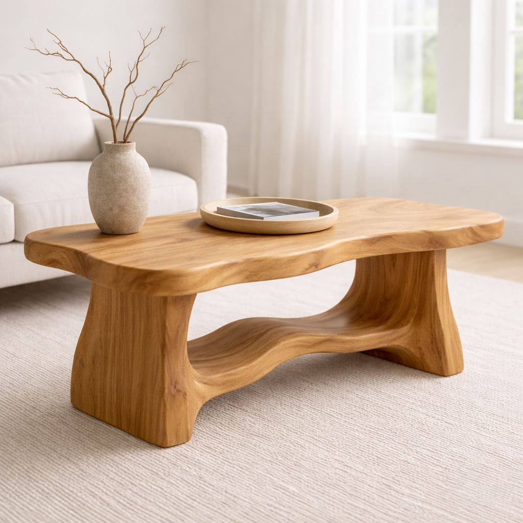 Solid Wood Coffee Table with Organic Curved Base – Rustic Modern Living Room Table