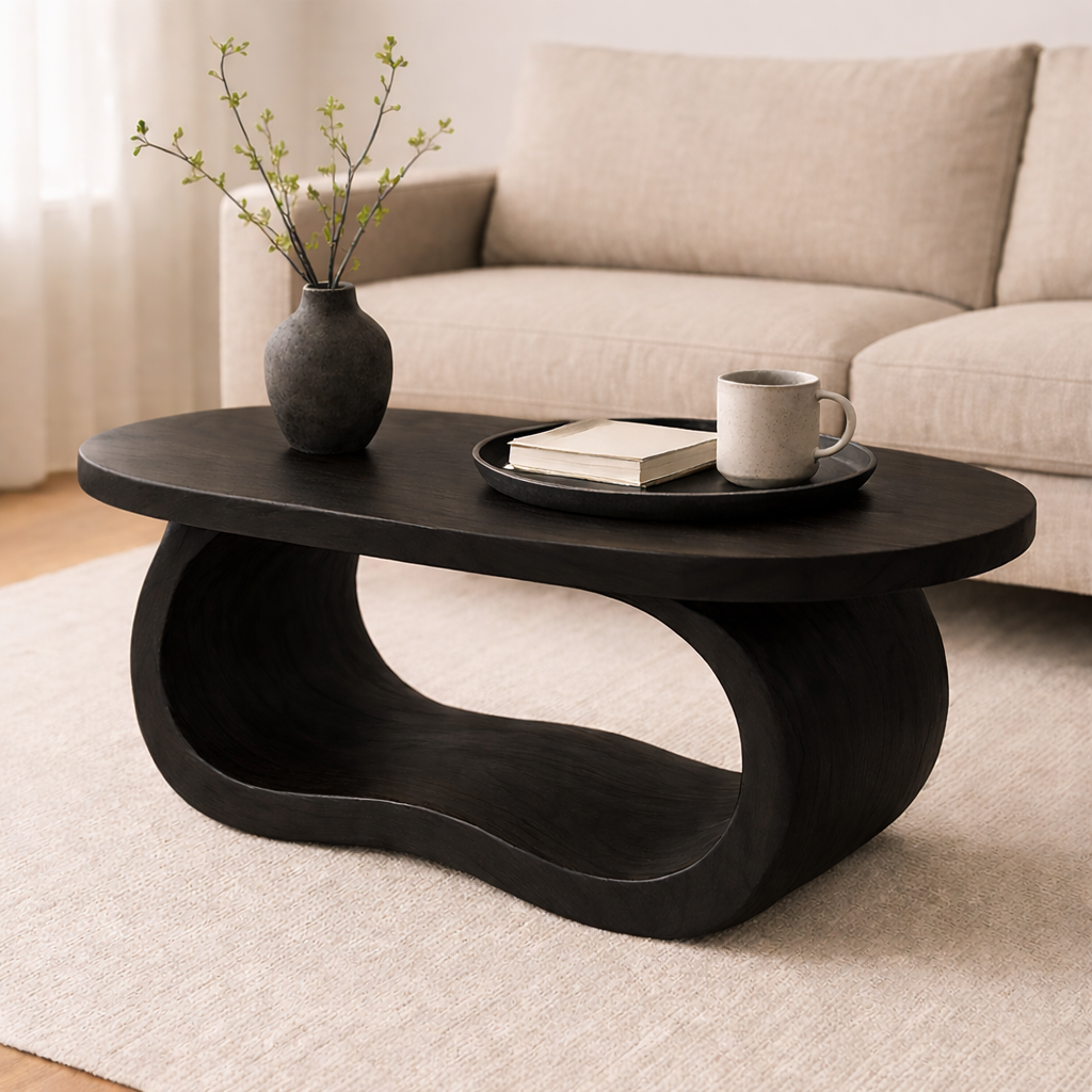 Curved Solid Wood Coffee Table – Sculptural Modern Living Room Center Table