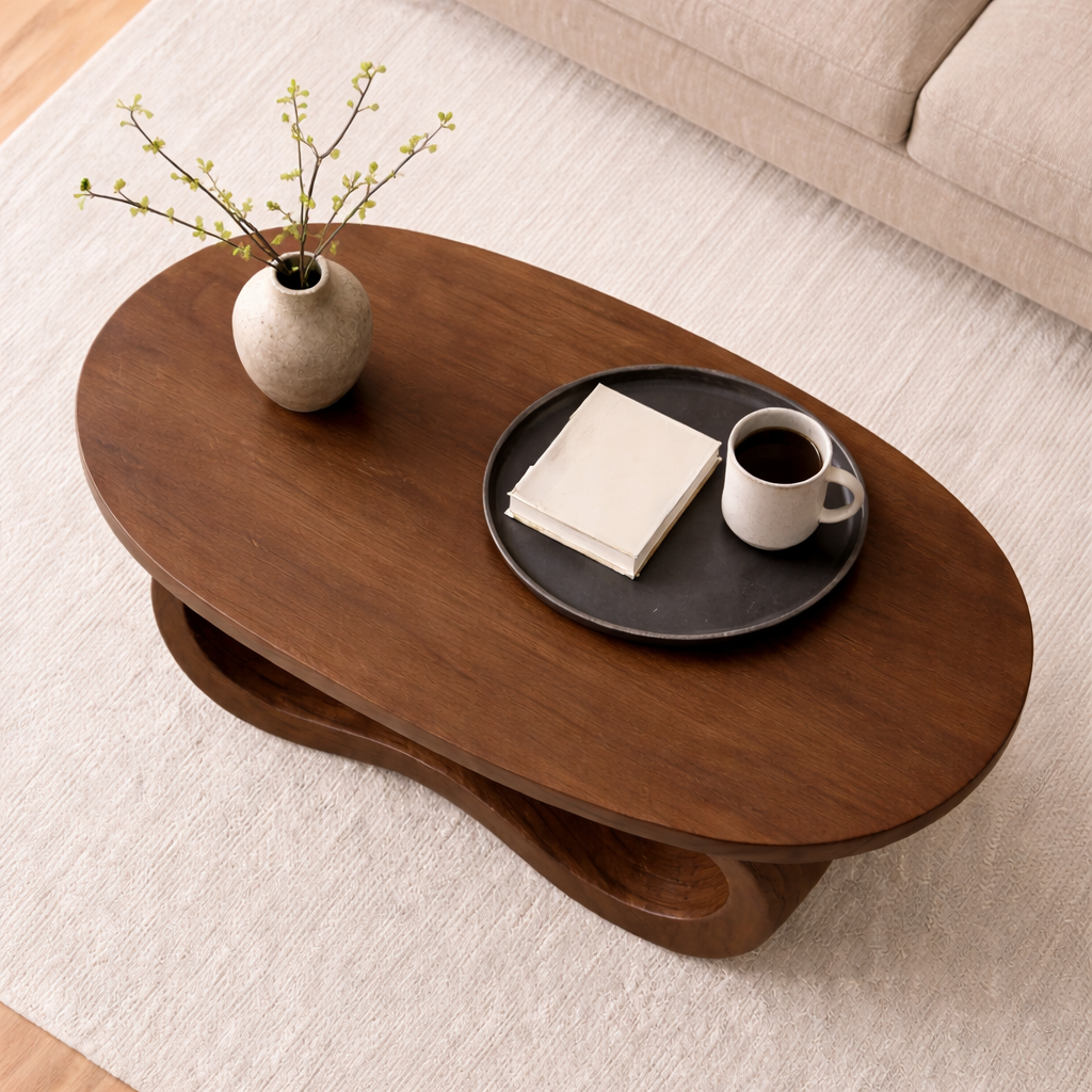 Curved Solid Wood Coffee Table – Sculptural Modern Living Room Center Table