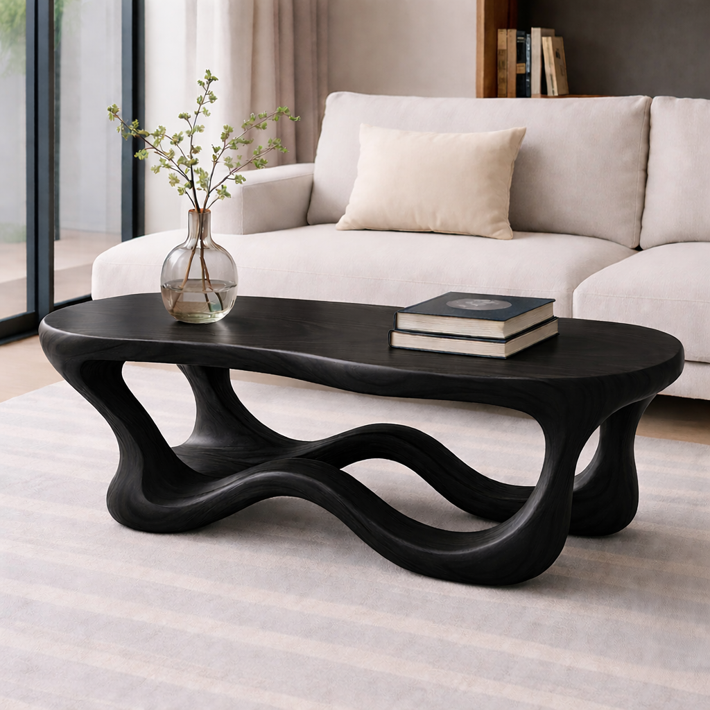 Solid Wood Sculptural Coffee Table with Organic Wave Base – Modern Living Room Table