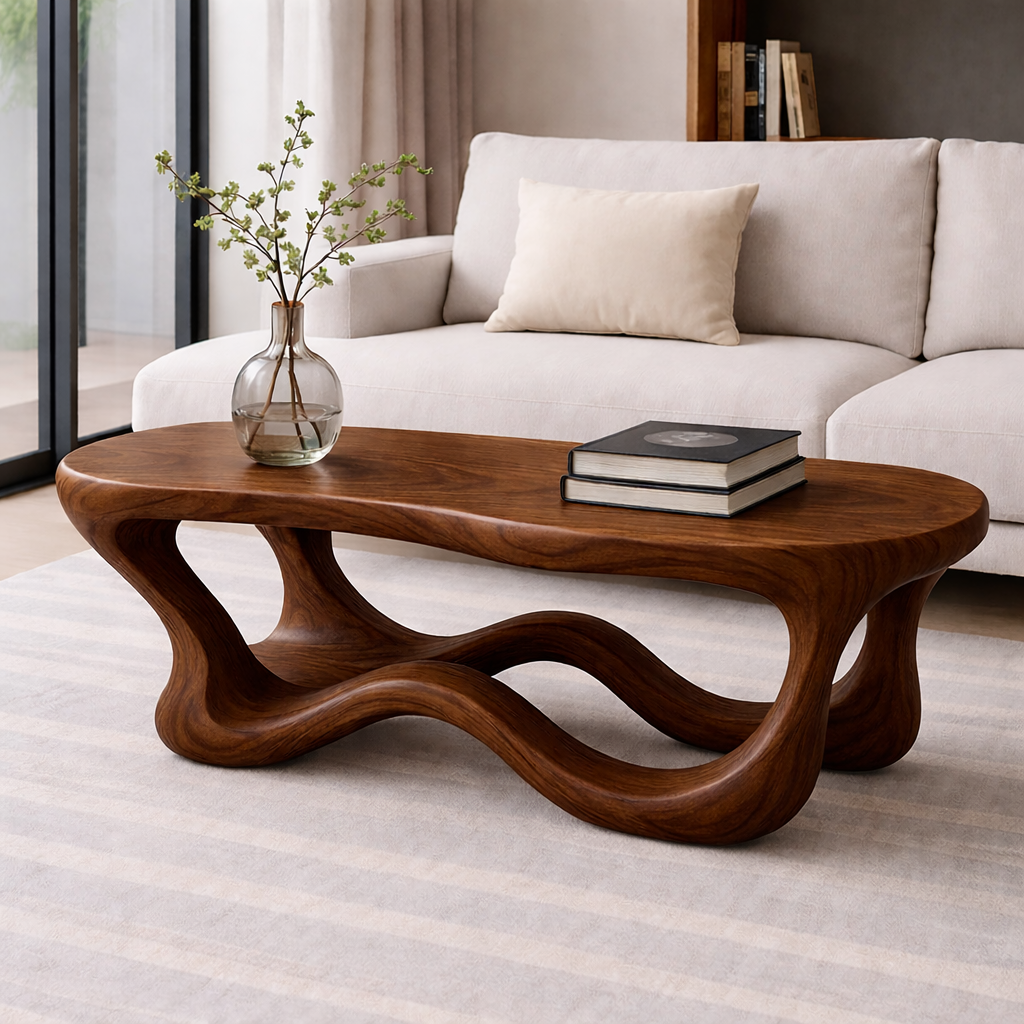 Solid Wood Sculptural Coffee Table with Organic Wave Base – Modern Living Room Table