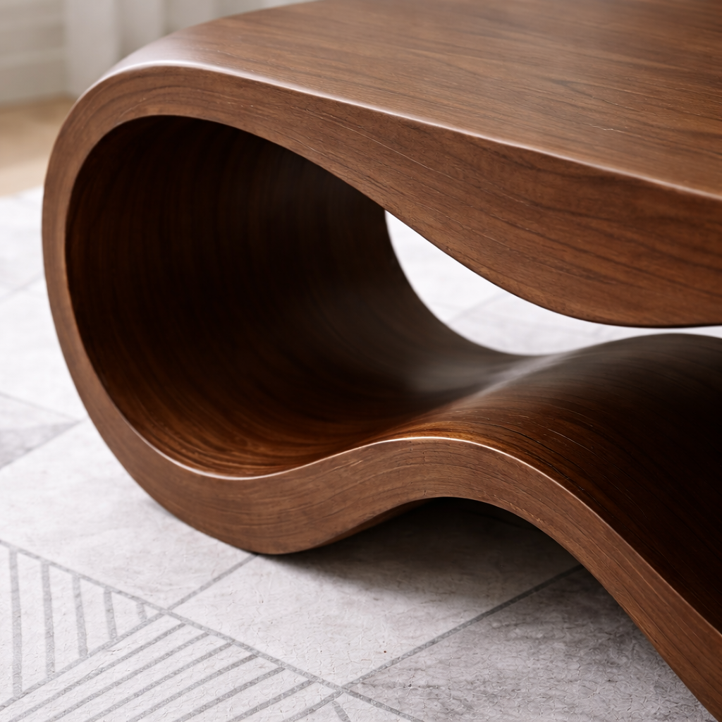 Curved Solid Wood Coffee Table – Modern Sculptural Wave Design Living Room Table