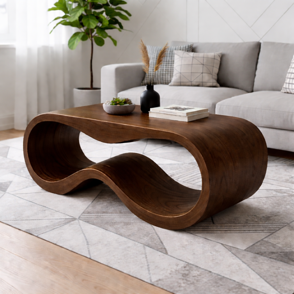 Curved Solid Wood Coffee Table – Modern Sculptural Wave Design Living Room Table