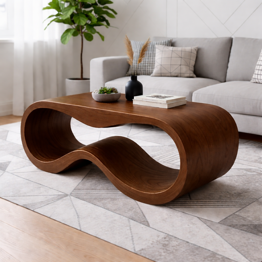 Curved Solid Wood Coffee Table – Modern Sculptural Wave Design Living Room Table