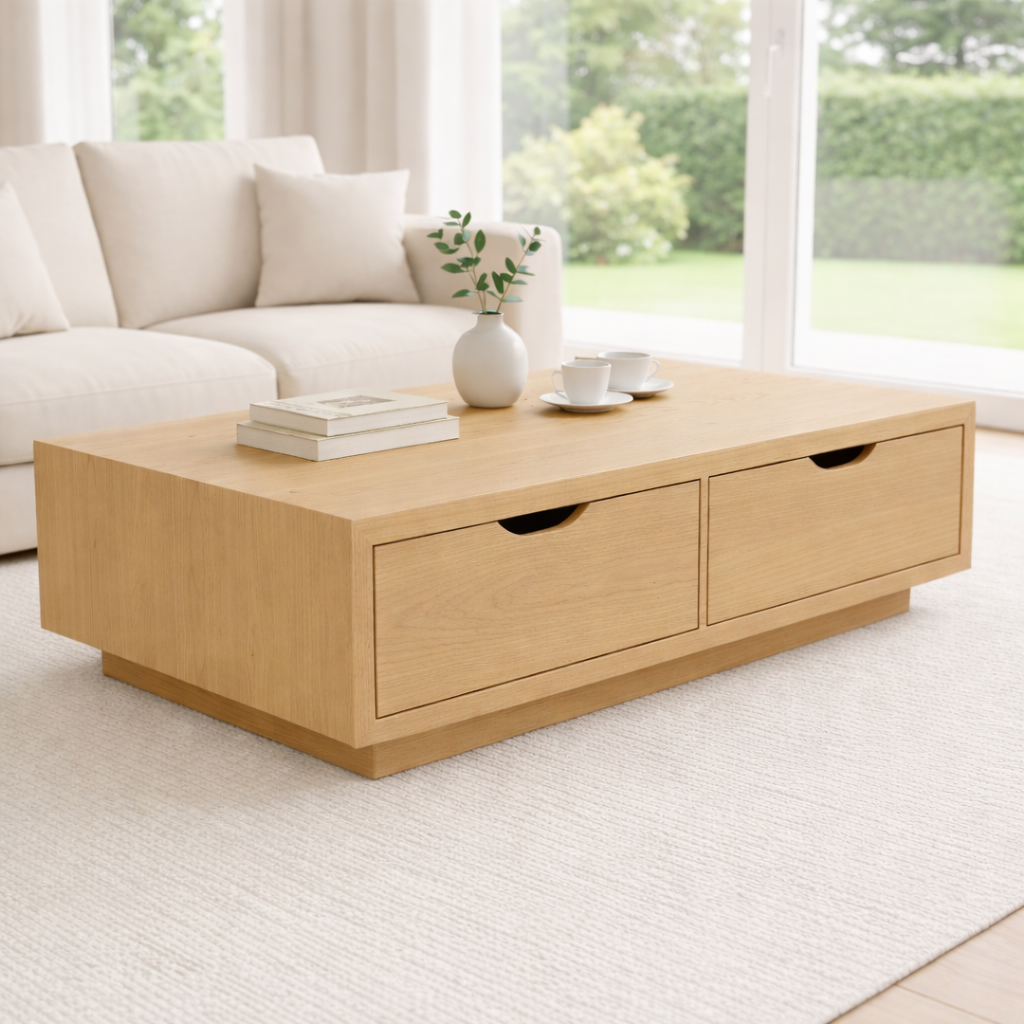 Solid Wood Coffee Table with Storage Drawers – Modern Low Profile Living Room Table