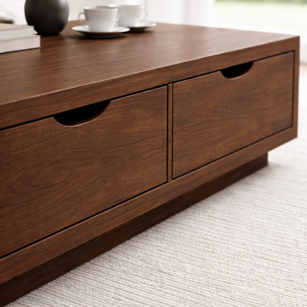 Solid Wood Coffee Table with Storage Drawers – Modern Low Profile Living Room Table