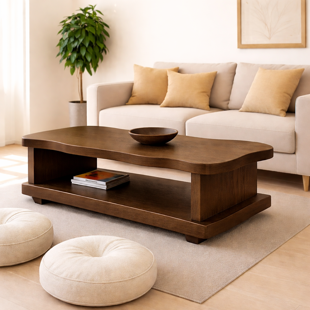 Solid Wood Coffee Table with Open Shelf – Modern Living Room Center Table