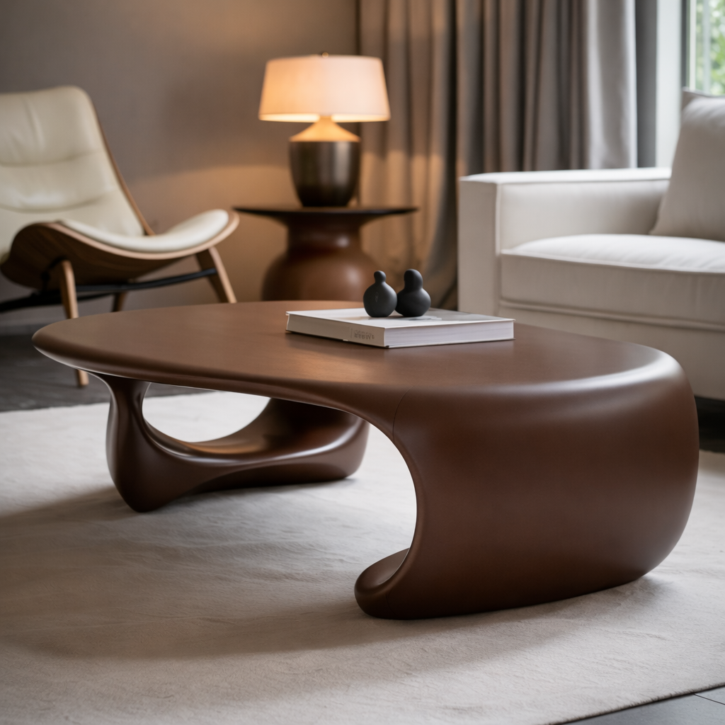 Solid Wood Sculptural Coffee Table with Organic Curved Base – Modern Living Room Table