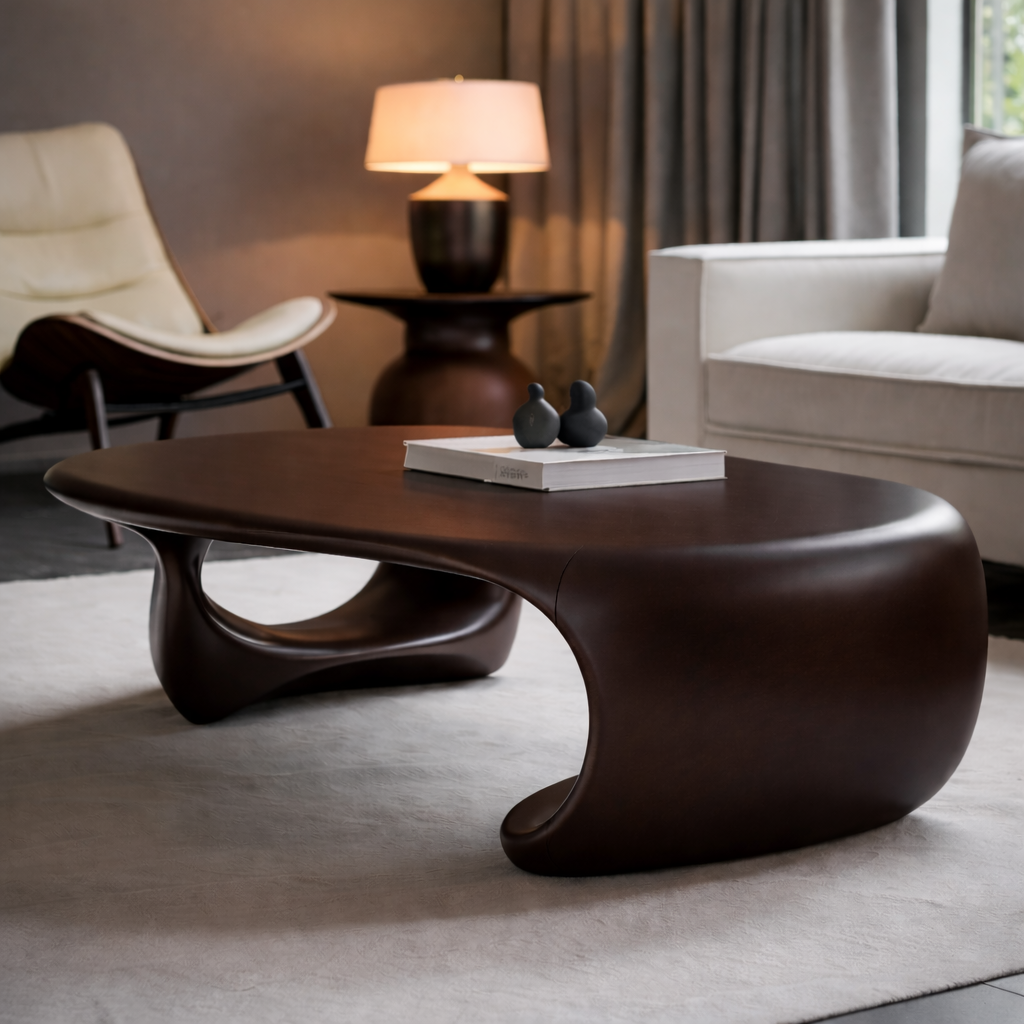 Solid Wood Sculptural Coffee Table with Organic Curved Base – Modern Living Room Table