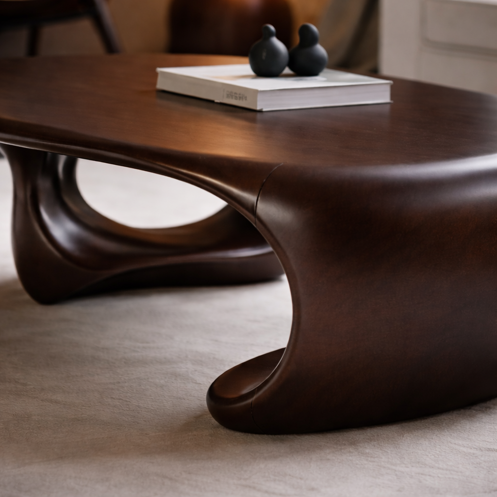 Solid Wood Sculptural Coffee Table with Organic Curved Base – Modern Living Room Table