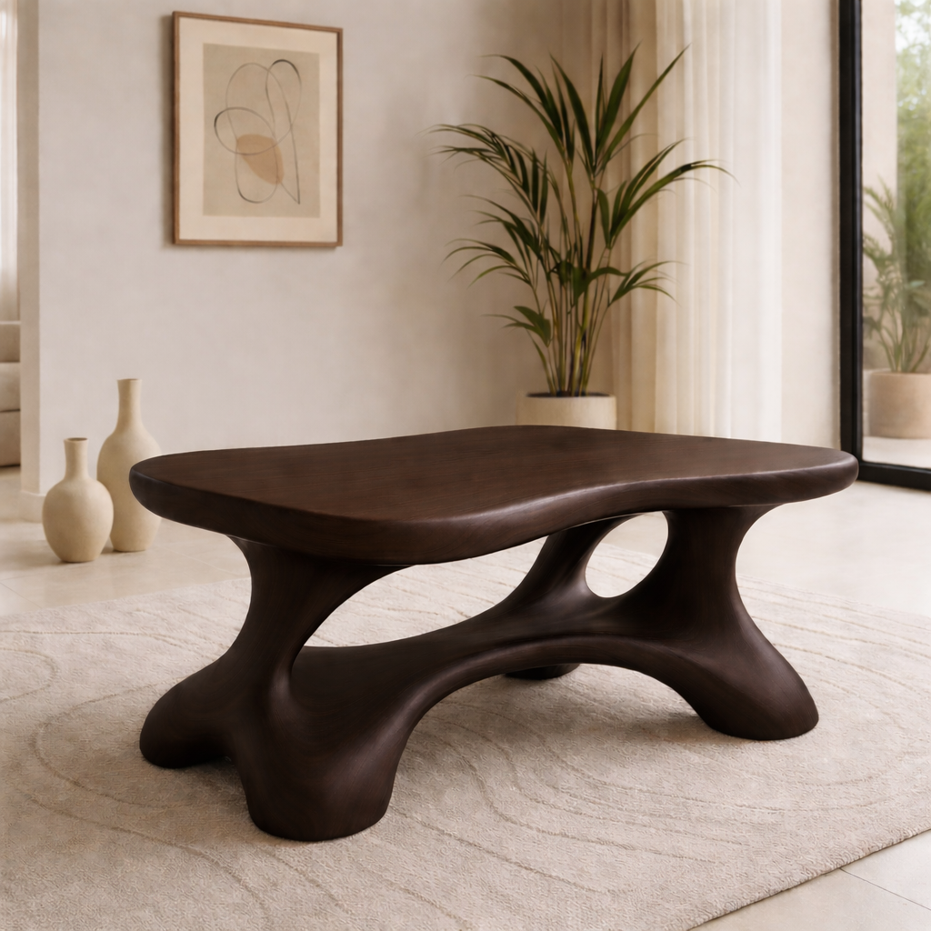 Solid Wood Sculptural Coffee Table with Organic Curved Base