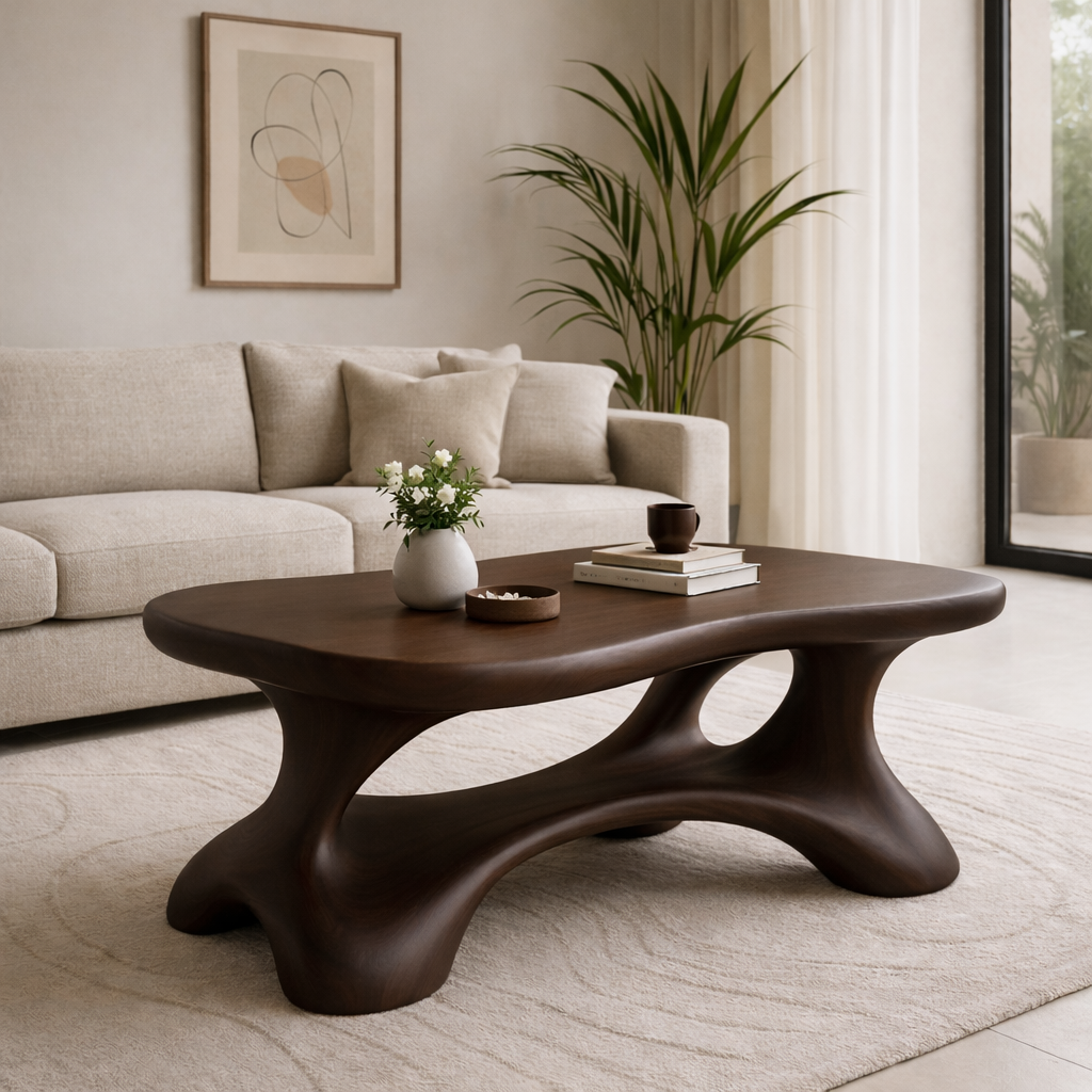 Solid Wood Sculptural Coffee Table with Organic Curved Base