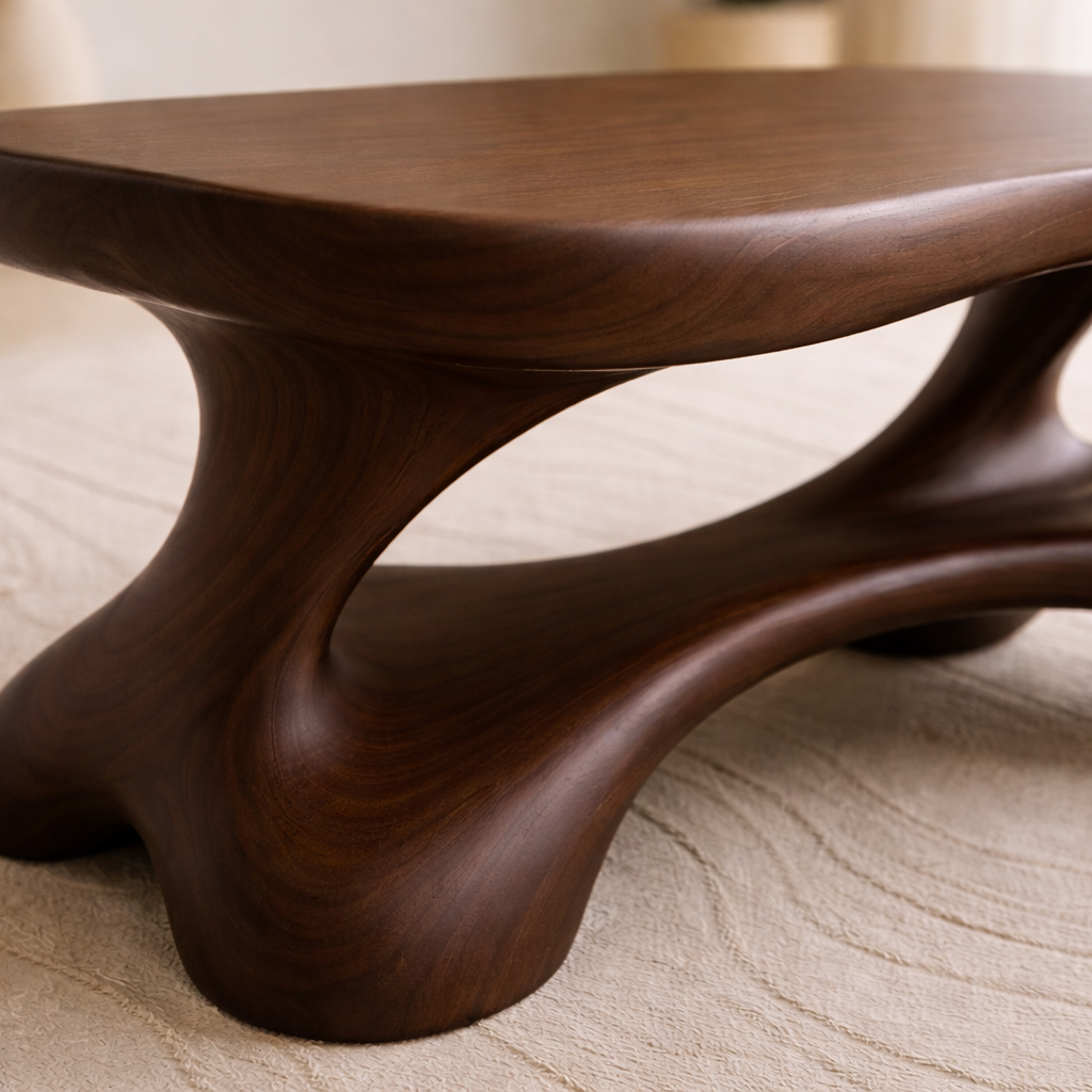 Solid Wood Sculptural Coffee Table with Organic Curved Base