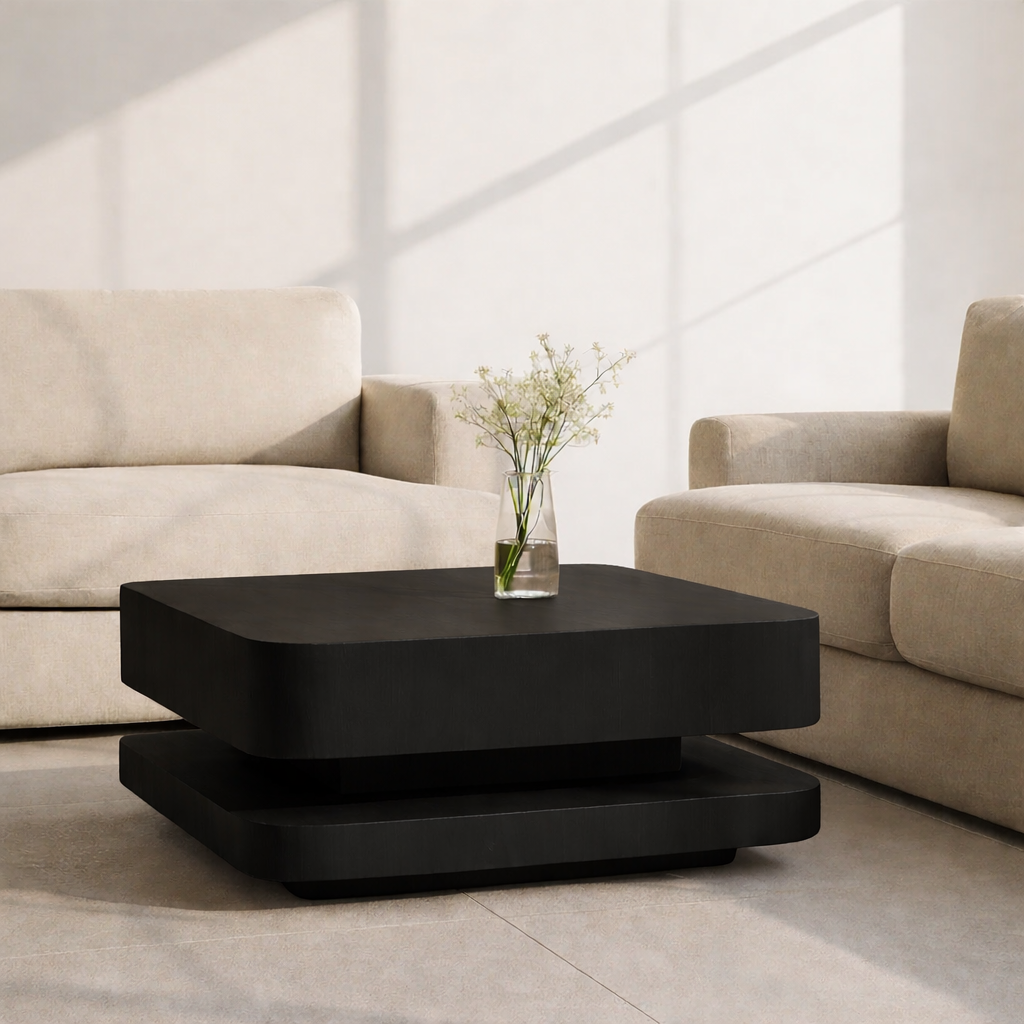 Solid Wood Coffee Table with Rounded Corners – Modern Minimalist Walnut Living Room Table